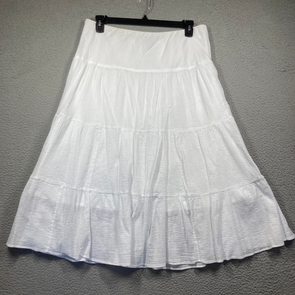 Chaps Tiered Midi Skirt Womens XL White Cotton Gauze Lined Elastic Waist Boho